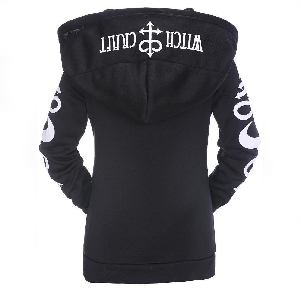 Black hoodie laid out from the back, with the broad printed hood above long symbol-covered sleeves.