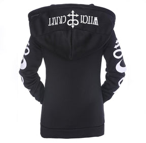 Black hoodie laid out from the back, with the broad printed hood above long symbol-covered sleeves.