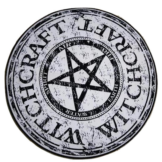 Flat view of the complete round rug design, showing the pentagram, elemental lettering and outer Witchcraft wording.