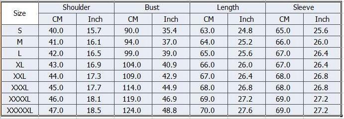 Size chart for the witchcraft zip-up hoodie, with shoulder, bust, length and sleeve measurements for S through 5XL.