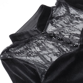 Close view of the high black collar and small buttons beside the sheer floral lace back panel.