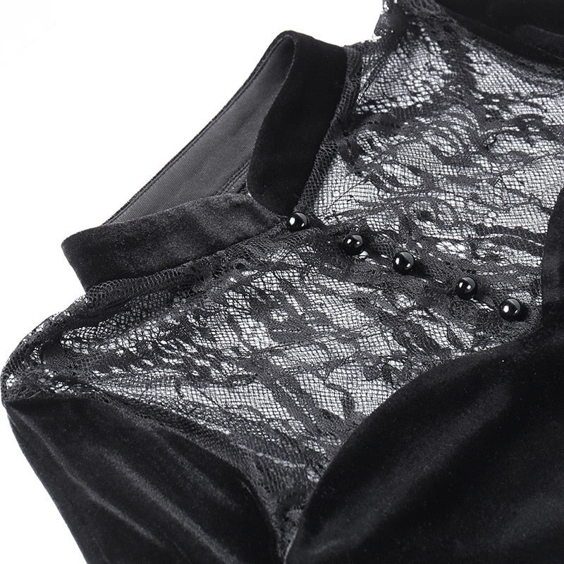 Close view of the high black collar and small buttons beside the sheer floral lace back panel.
