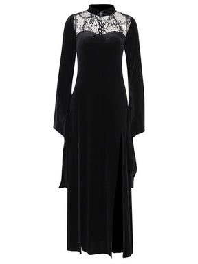 Straight-on view showing the gown's sweetheart-shaped velvet bodice edge beneath its sheer floral lace yoke.