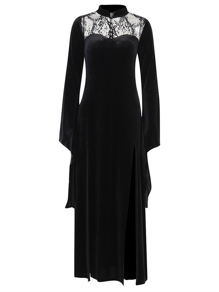 Straight-on view showing the gown's sweetheart-shaped velvet bodice edge beneath its sheer floral lace yoke.