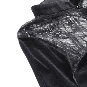 Detail of floral lace joining the velvet shoulder and collar, with seam finishing visible.