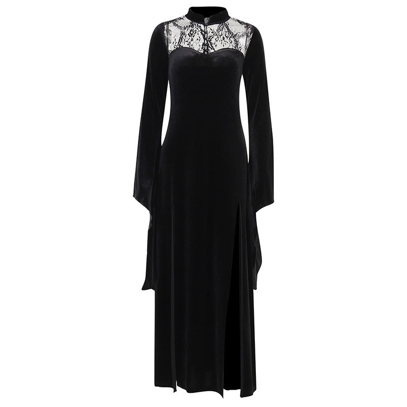 Straight mannequin view of the black maxi gown showing the collar, lace yoke and symmetrical sleeve panels.