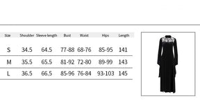 Size chart for the Witching black velvet gown in S, M and L, listing shoulder, sleeve, bust, waist, hip and length measurements.