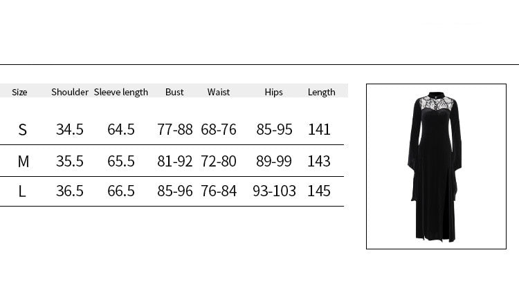 Size chart for the Witching black velvet gown in S, M and L, listing shoulder, sleeve, bust, waist, hip and length measurements.
