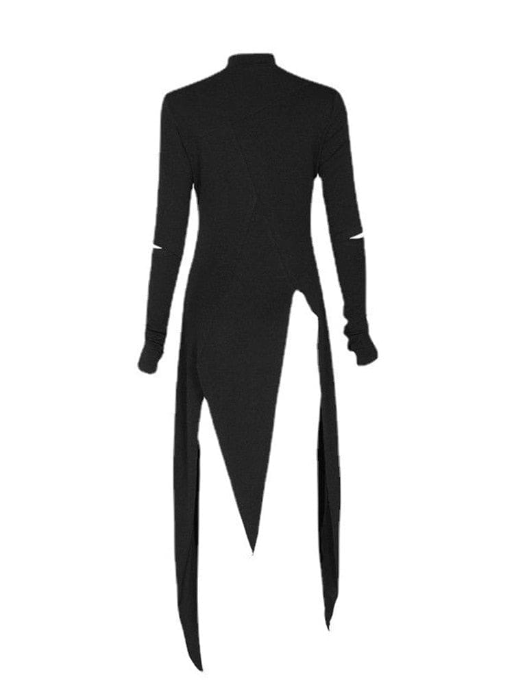 Isolated back view of the black long-sleeve layering dress, with elbow cutouts and long uneven pointed panels below the fitted waist.