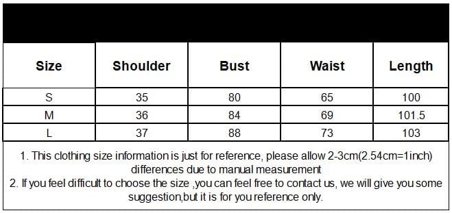 Supplier size chart image for the Witching Hour layering dress, with S, M and L shoulder, bust, waist and length measurements in centimeters.