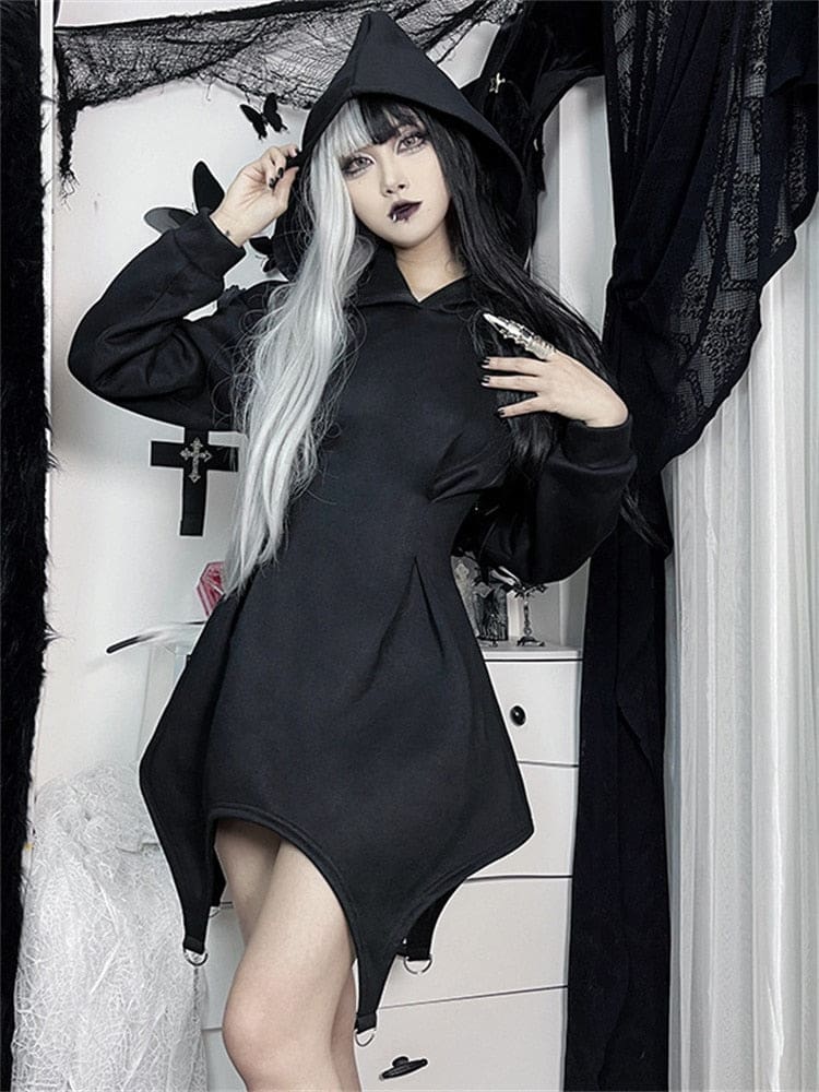 Black hooded sweater dress hood-up front