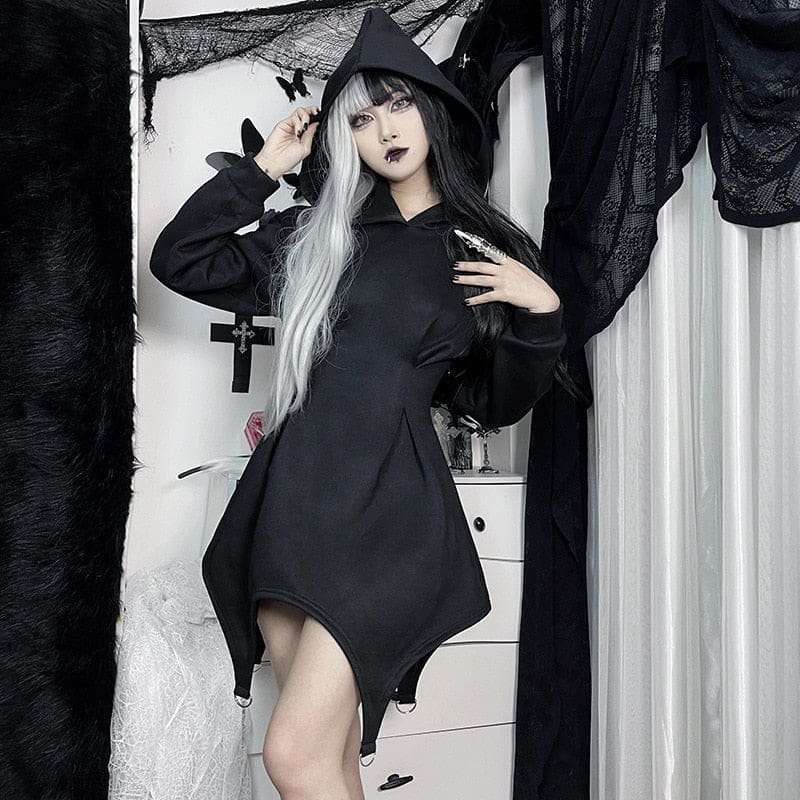 Black hooded sweater dress full hood-up outfit