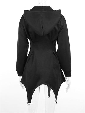 Black sweater dress mannequin back hood lowered