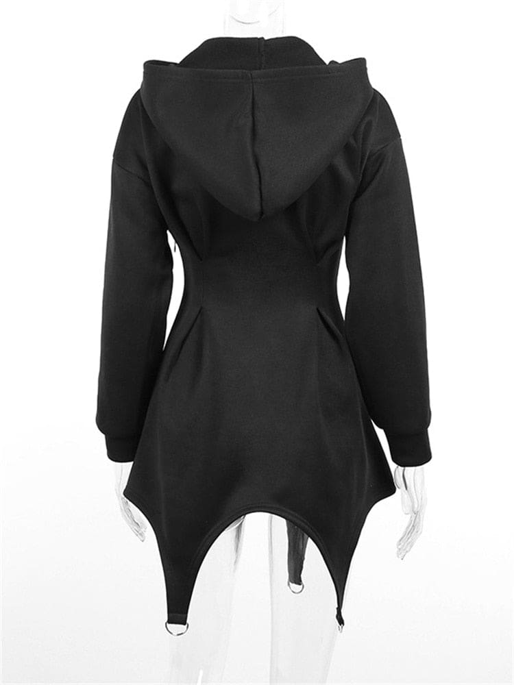 Black sweater dress mannequin back hood lowered