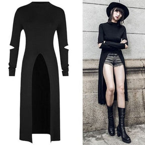 Comparison of the black high-low dress alone and worn over separate shorts, highlighting its high neckline, elbow cutouts and arched front opening.