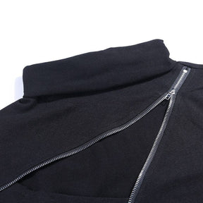 Close-up of the black folded collar and diagonal zipper at the top of the chest opening.