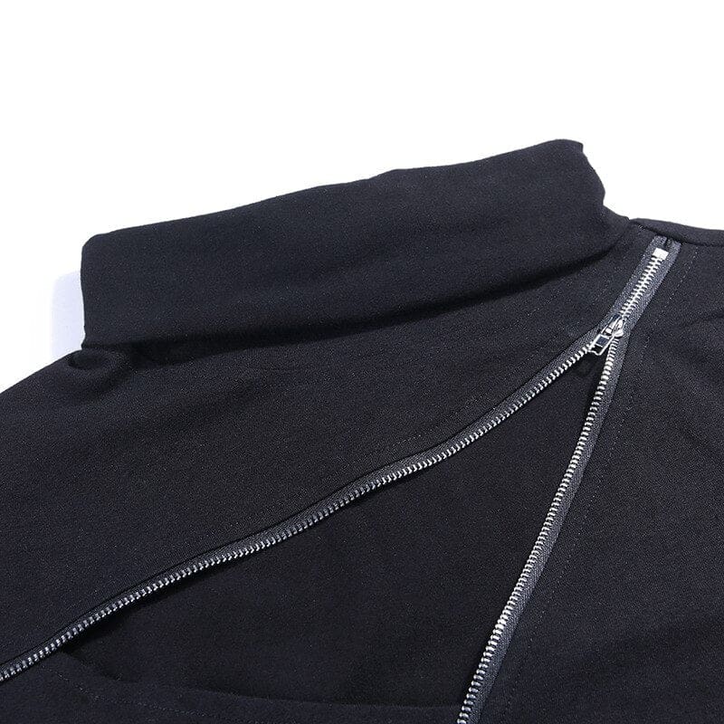 Close-up of the black folded collar and diagonal zipper at the top of the chest opening.