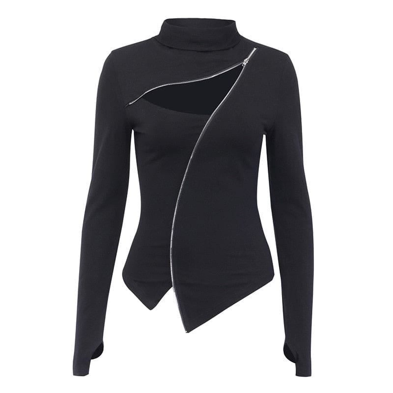 Black long-sleeve turtleneck isolated on white, with a diagonal silver-tone zip, chest cutout and asymmetrical pointed hem.