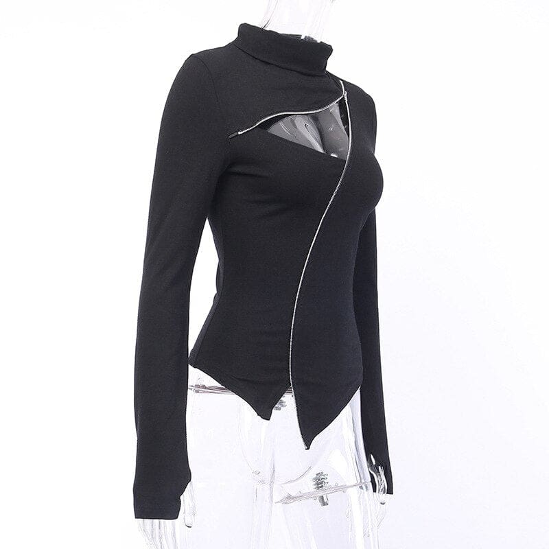Angled mannequin view of the fitted black turtleneck, showing the chest opening, diagonal zip and uneven front hem.