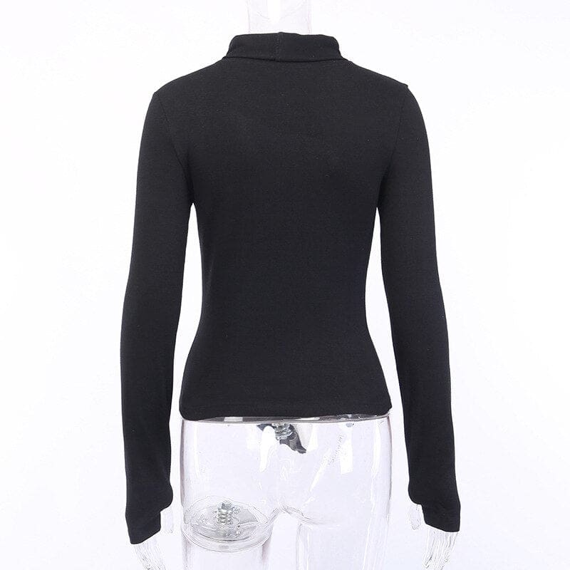 Rear mannequin view of the black long-sleeve turtleneck, showing its plain fitted back and high collar.