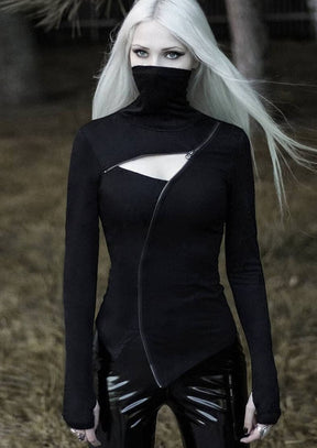 Front view of the fitted black zip turtleneck with its tall collar raised, showing the chest opening and long thumbhole sleeves.