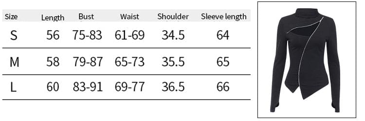 Size chart for the Witchy Ninja top, listing S, M and L length, bust, waist, shoulder and sleeve measurements.