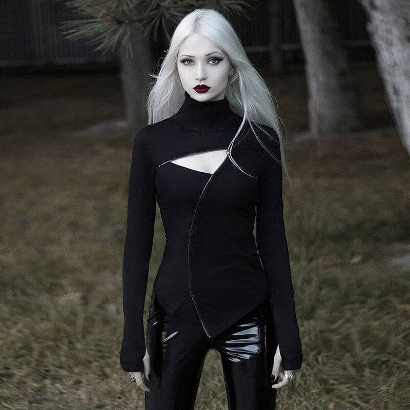 Black Witchy Ninja top shown with the collar down and arms relaxed, displaying the diagonal zip and off-center pointed hem.