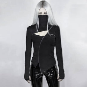 Studio front view of the black asymmetric zip top with the collar raised, long thumbhole sleeves and pointed lower panels.