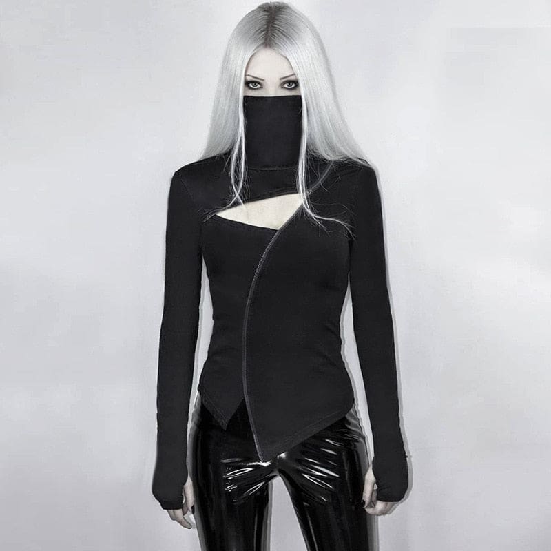 Studio front view of the black asymmetric zip top with the collar raised, long thumbhole sleeves and pointed lower panels.