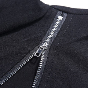 Close-up of the zipper slider and silver-tone teeth beside the black turtleneck collar.
