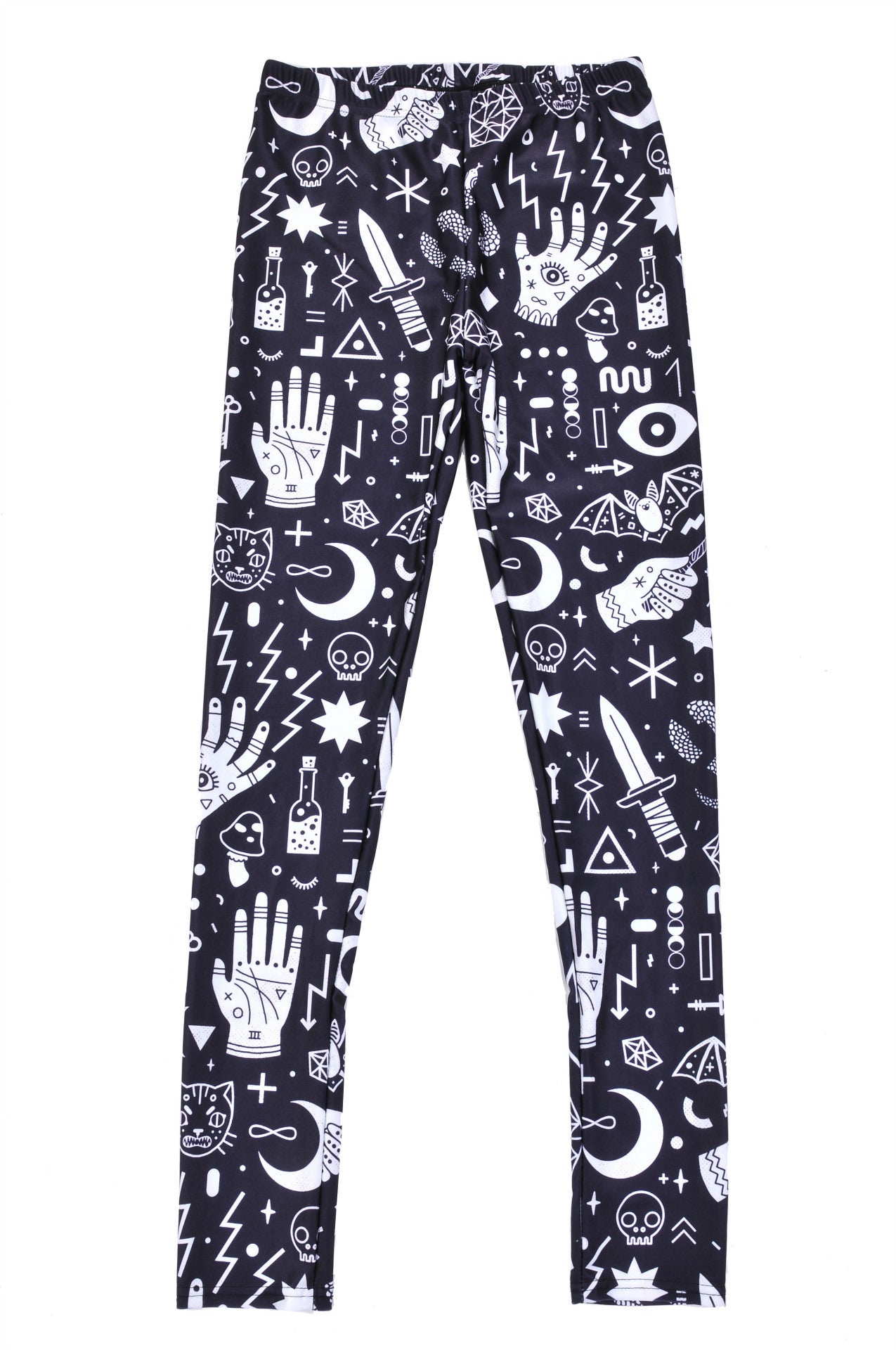 Black and white occult-print leggings laid flat, showing the waistband and full length of both patterned legs.
