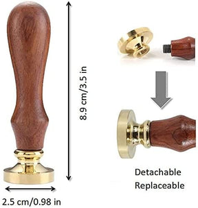 Wax seal stamp measurement diagram showing an 8.9cm overall height and 2.5cm seal diameter, with a detachable threaded head.