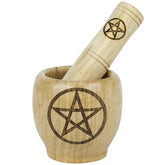 Pentagram wooden mortar and pestle isolated