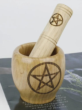 Pentagram wooden mortar and pestle set styled