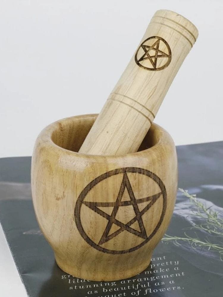Pentagram wooden mortar and pestle set styled