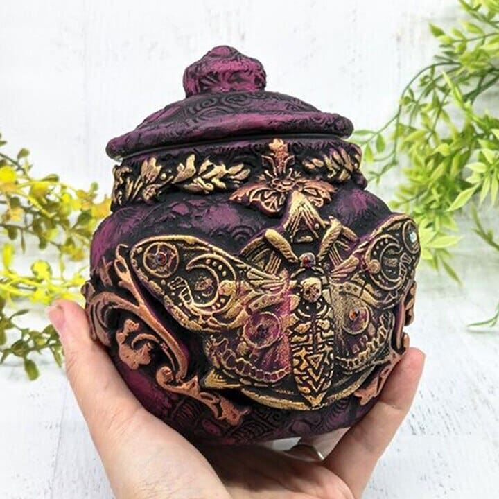 Purple moth lidded jar raised wing detail