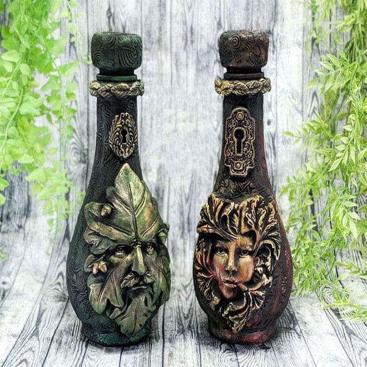 Red and green woodland bottle pair full view