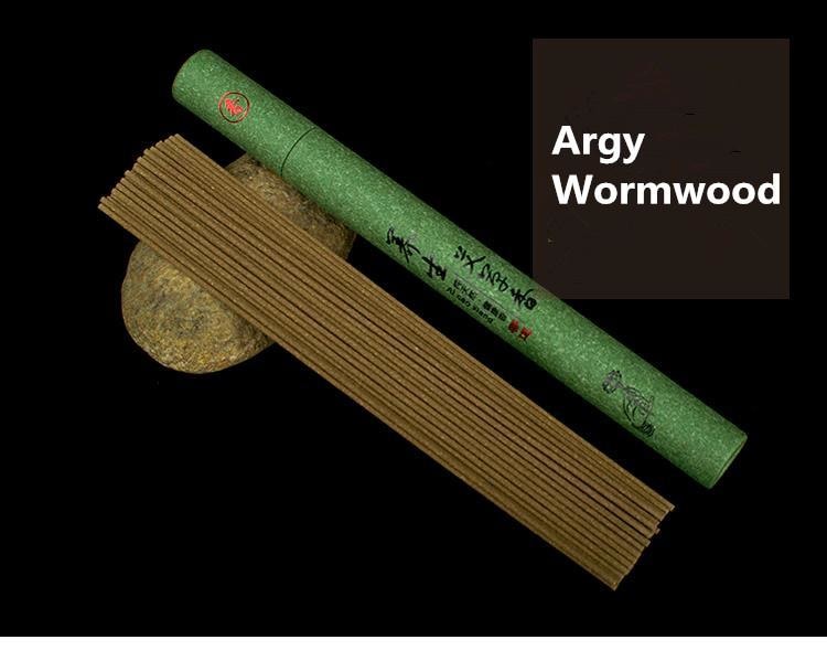 Wormwood incense sticks arranged beside a green paper tube, with the fragrance label Argy Wormwood shown in the image.